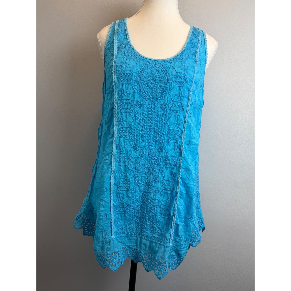 VTG Turquoise Blue Embroidered Eyelet Boho Fairy Sleeveless Tunic Top Bamboo